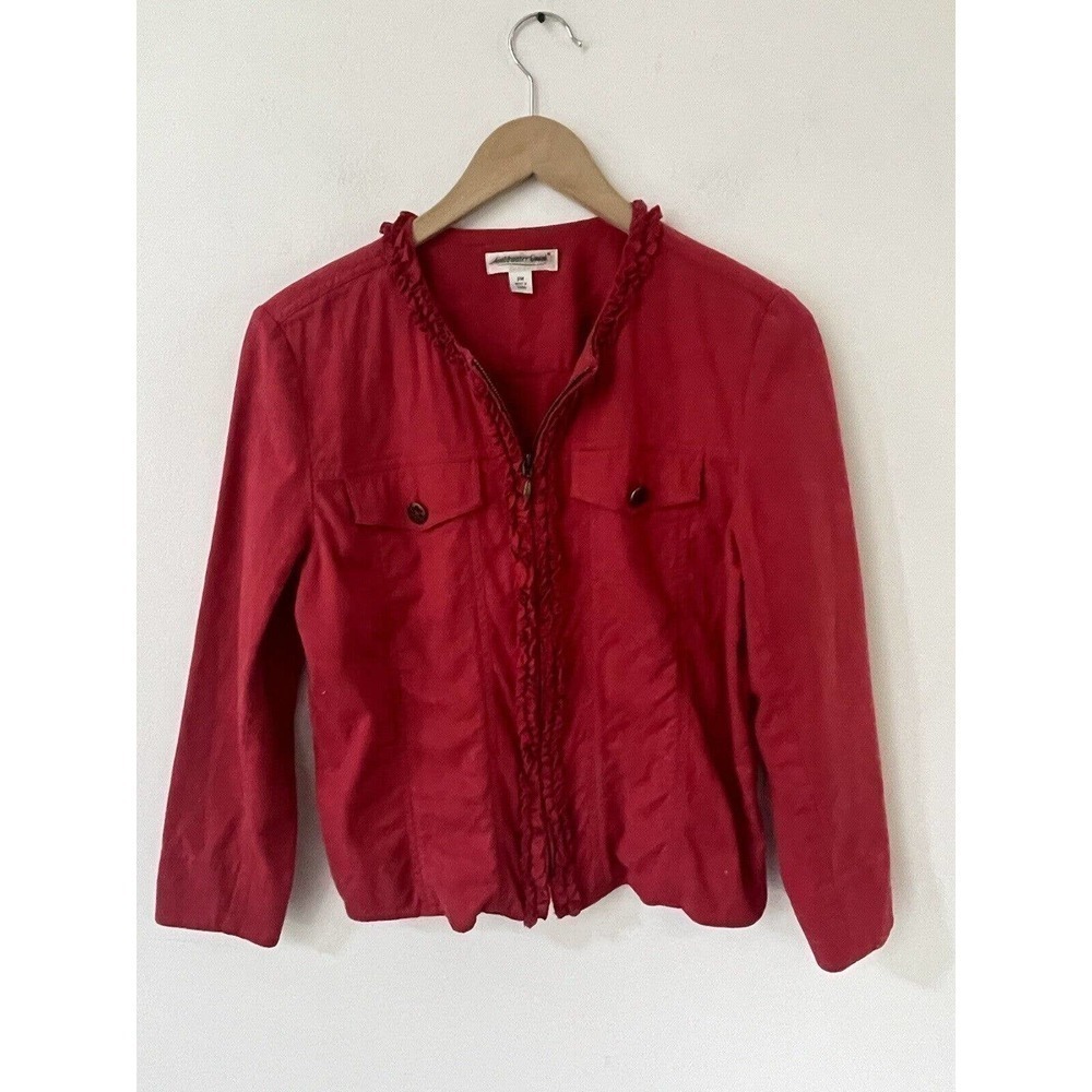 Coldwater Creek Jacket Womens PM Ruffled Red Textured Zip Front Cotton Blend